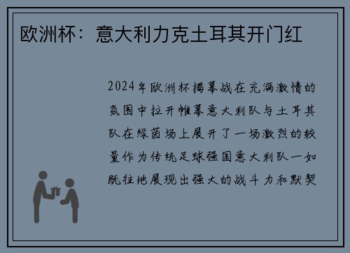 欧洲杯：意大利力克土耳其开门红