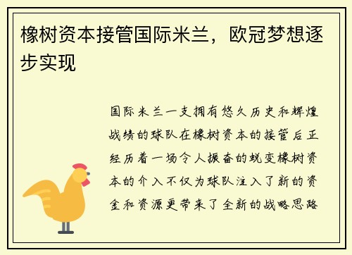 橡树资本接管国际米兰，欧冠梦想逐步实现